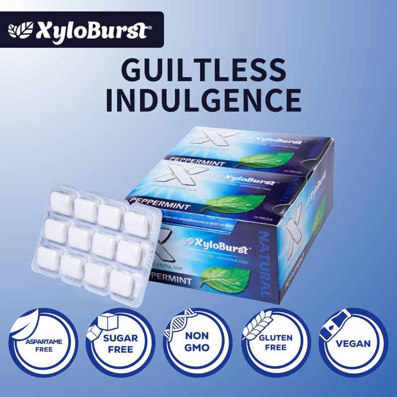 XyloBurst Gum | Xylitol Chewing Gum | Sugar Free, Gluten Free, Keto Friendly | Aspartame Free Gum For Oral Health | Peppermint | 12 Pieces, Pack of 12 - Image 5
